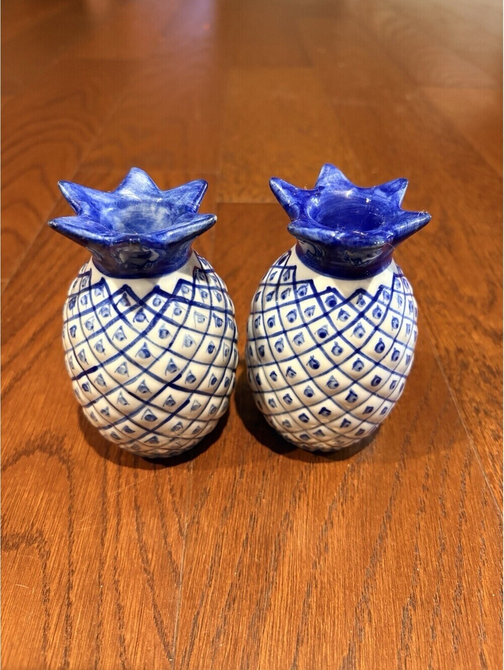Ceramic Pineapple Taper Candle Holder Blue And White Set Of 2 4.5 Inch